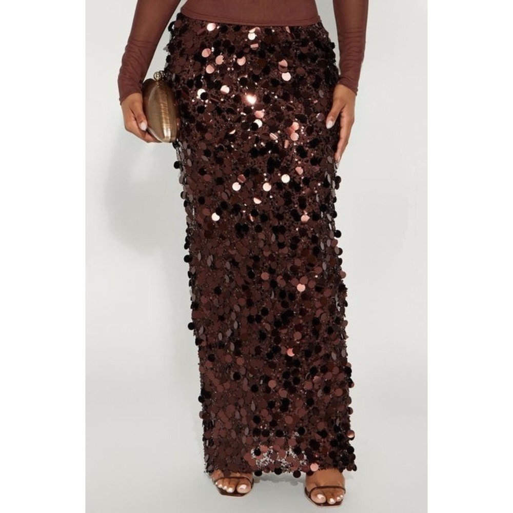 Fashion Nova Brown Party Glam Event Sparkle Sundown Soiree Sequin Maxi Skirt L - Picture 2 of 8